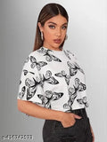 Polycotton long-sleeve butterfly printed crop top, trendy & versatile for women's fall/winter wear, India origin