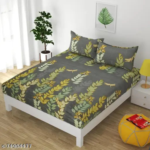 Glace cotton, superfine elastic fitted king size double bedsheet with two pillow covers - best for 8-12 inch mattress on bed