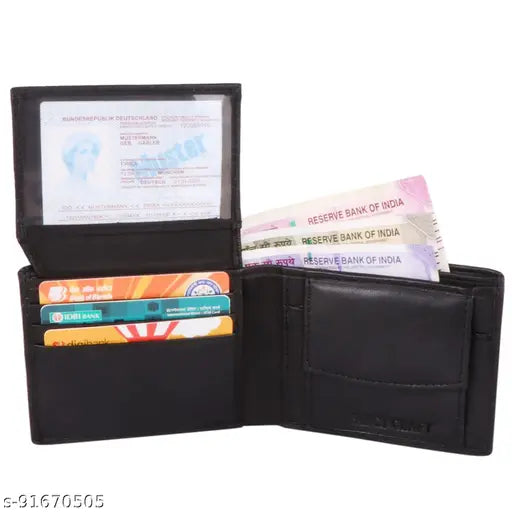 Black leather men's purse by Fancy Caraft, perfect for gents with 2 compartments & free size dimensions (11cm x 9cm)