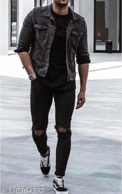 Black denim flaying men's knee-slit jeans, solid pattern, size 28/30/32, made in India