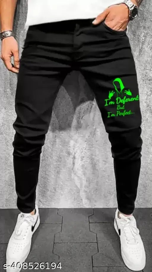 Black denim men's jeans with placement print, size 28 or 32 from India