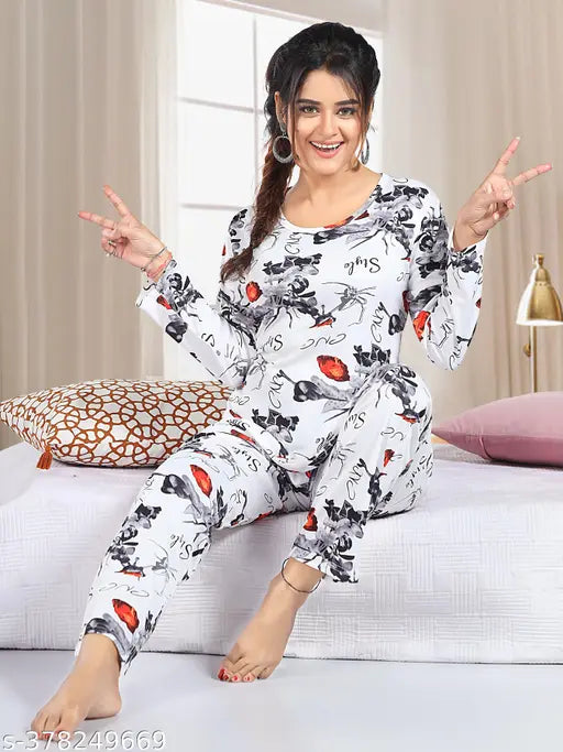 Printed satin night suit, XXL size, long sleeves, patterned pyjamas from India