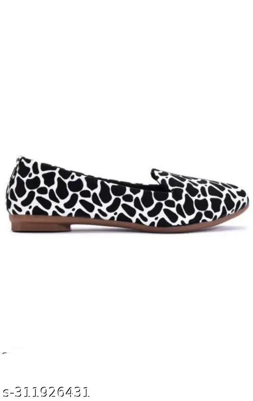 Stylish black synthetic leather bellies (BLACK) for women - printed ballerinas, slip-on design, available in sizes IND-3 to IND-9. Made in India