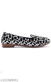 Stylish black synthetic leather bellies (BLACK) for women - printed ballerinas, slip-on design, available in sizes IND-3 to IND-9. Made in India