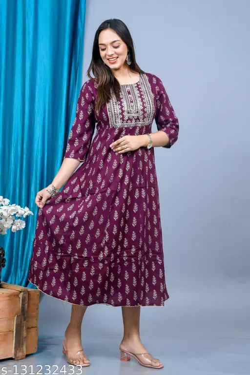 Anarkali rayon kurtis, embroidered printed combo, three-quarter sleeve, vibrant Indian fashion