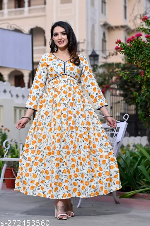 Rayon, three-quarter sleeve Aliya cut floral summer dress/kurti with printed combo pattern, suitable for S (36in bust, 50in size length), available in M, L, XL, XXL, XXXL. Indian origin