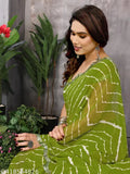 Georgette printed sari in shades of green and yellow with leheniya print