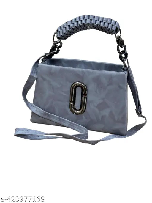 Women's sling purse, gray with silver buckle