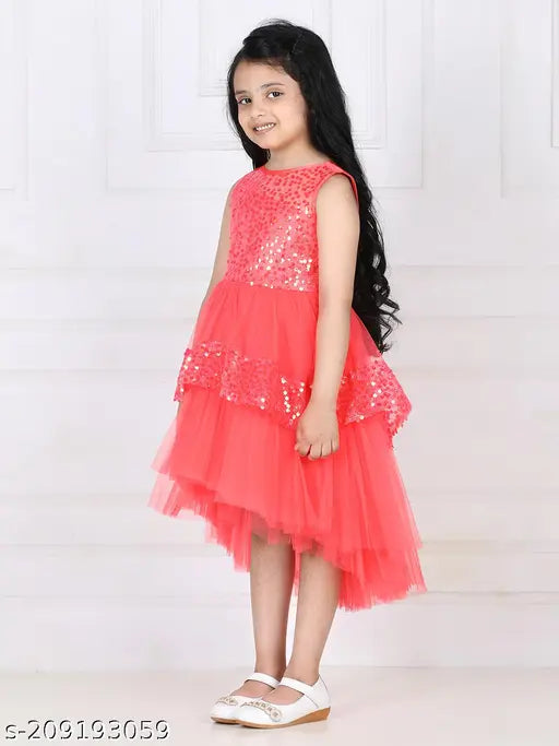 Coral tulle party dress, sleeveless with ruffles and rhinestone accents