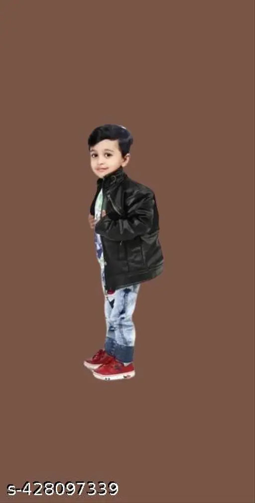 Dark blue leather jacket, black zipper, young boy in background