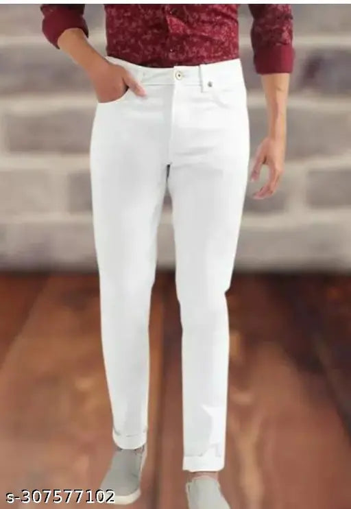 Cotton blend, plain white jeans for men, flaying design - Indian denim product