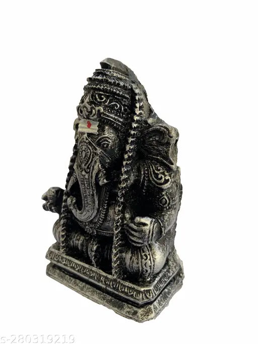 Silver-colored, 9cm small size Ganesh Idol (Karpaga Vinayagar/Ganapati Statue), suitable for car dashboards, office tables, and decorative showpieces. Handcrafted poly resin statue from India
