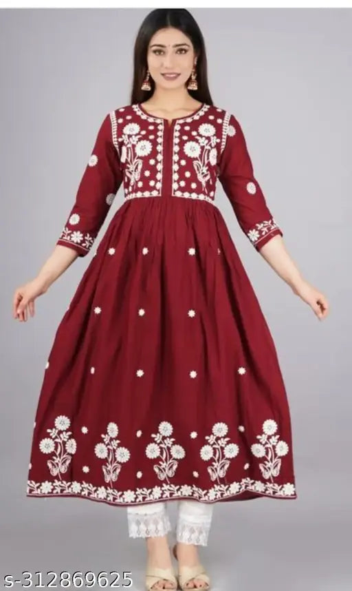 Burgundy long anarkali dress with floral and paisley embroidery