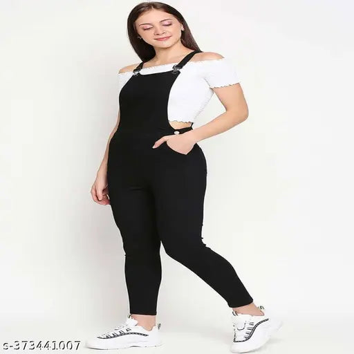 Stretchable high waist denim dungaree for women, solid color, sleeveless, size L (Waist 32 in, Hip 34 in). Indian origin