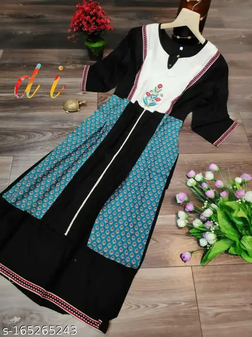 Multicolor flare Kurti with embroidery, rayon material, three-quarter sleeves. XL size (Bust: 44in, Length: 45in), women's traditional Indian fashion