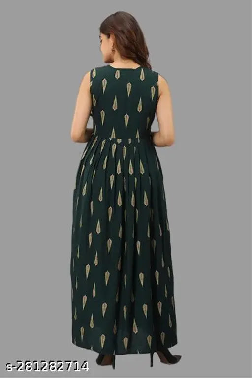 Green rayon printed Anarkali Kurti with Tilak print, sleeveless and single size options available
