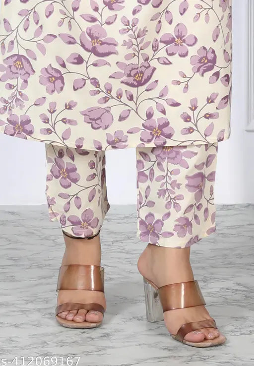 Purple rayon floral printed kurta and bottom set with V-neck, party wear style