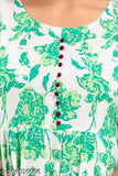 Green rayon Anarkali kurti with floral print, three-quarter sleeves. Single size: M (38in bust), L (40in bust), XL (42in bust), XXXL (46in bust). Indian fashion for women on display
