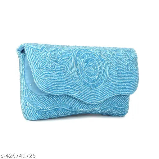Beaded blue fabric women's evening clutch purse