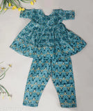 Blue floral printed pure cotton baby girl kurti pajami patiyala set by Spack Jerrow. Soft, comfortable, and fashionable, perfect for parties. Available in sizes from 12-18 months to 5-6 years. Made in India