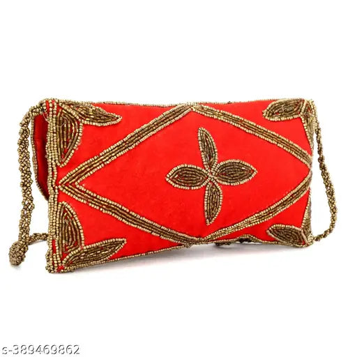 Women's red embroidered clutch wallet with beige trim