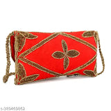 Women's red embroidered clutch wallet with beige trim