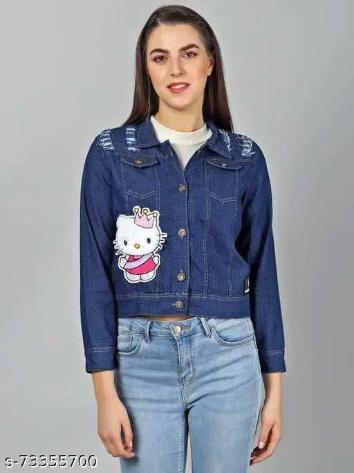 Blue denim kitty patch jacket from India, XL size (Bust-40in, Length-20in, Waist-38in, Shoulder-32in), ideal for western wear