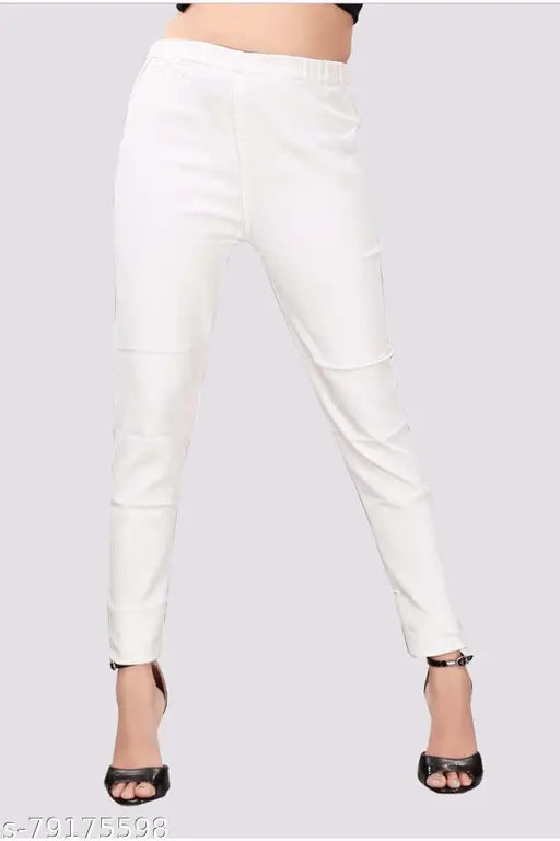 High-waisted white denim jeggings for women, MM-21 solid dobby denim, elastic closure, sizes 30-46