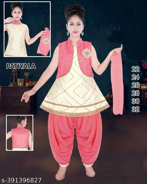 White pink embroidered kids party suit set with patiala and coti, handmade by Hariyal Creation. Indian ethnic wear for girls aged 2-9 years, made of cotton blend fabric