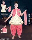 White pink embroidered kids party suit set with patiala and coti, handmade by Hariyal Creation. Indian ethnic wear for girls aged 2-9 years, made of cotton blend fabric