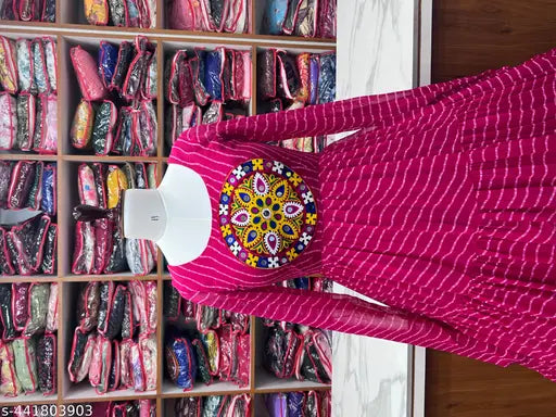 Georgette Laheriya print Anarkali gown for festive occasions, fully stitched and ready to wear. India-made, with four-layer gathering, padded, and side zipper. Available in sizes XS - XXL