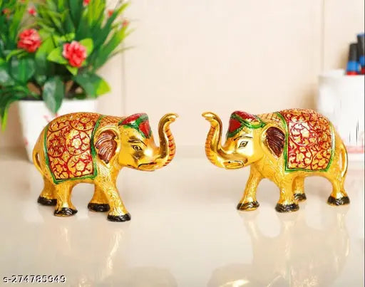 Colorful metal elephant idol set, 2 medium pieces for home, temple, office gifting. Size: L-B-H-8x2.5x6 cm, Indian origin