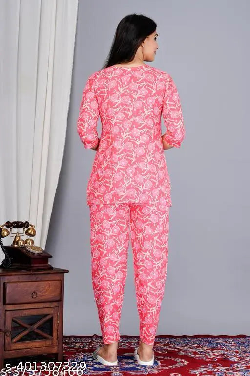 Women's cotton floral night suit top & pyjamas - vibrant block print, three-quarter sleeves, India origin