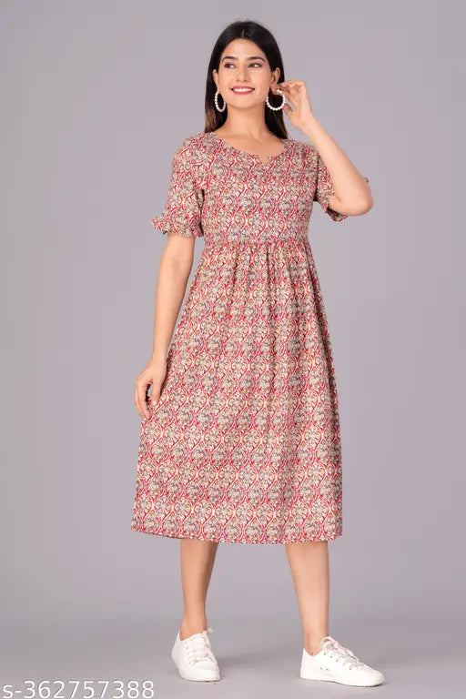 Women's cotton printed fit flare kurta, three-quarter sleeves, India-origin pure cotton dress