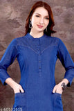Denim Zari Pintex Work Salwa Kurti, solid combo denim kurti with three-quarter sleeves for women, made in India