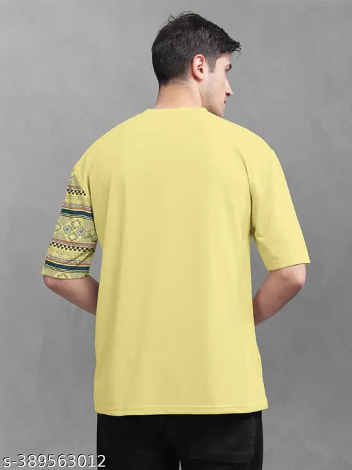 YellowFront and Back Printed Colourblock Baggy Oversized T-shirt for Men - Cotton blend, stretchable, cool texture, machine washable. India origin