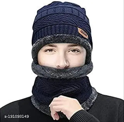 Soft wool and fur-lined cap muff set, protects from winter (Unisex, Free Size Pack of 2) - stylish beanie with matching scarf for chilly days