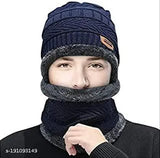 Soft wool and fur-lined cap muff set, protects from winter (Unisex, Free Size Pack of 2) - stylish beanie with matching scarf for chilly days