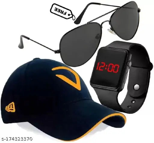 Black combo pack: Adjustable baseball cap, black sunglasses, square digital watch – men's and boys' Diwili gift offer combo (Cotton)