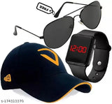 Black combo pack: Adjustable baseball cap, black sunglasses, square digital watch – men's and boys' Diwili gift offer combo (Cotton)