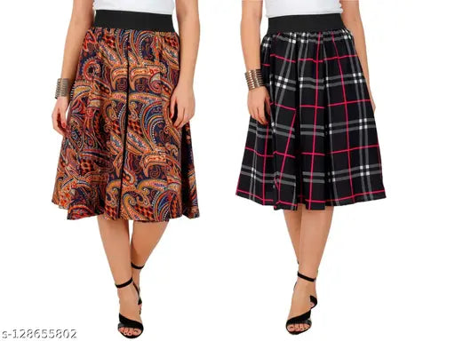 Brown and fuchsiya paisley panel skirt with gathered waist, mid calf length, women's polyester