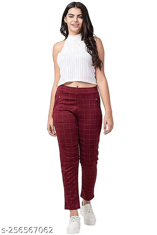 Trendy checked cotton jeggings for women, lycra blend, size 26-Free Size, Indian origin