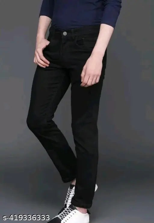 Attractive latest men's black denim jeans, solid pattern, blend of cotton and elastane for comfort and durability, stylish details such as distressed effects and faded washes. Size options: 24, 26, 28, 30, 32, 34, made in India