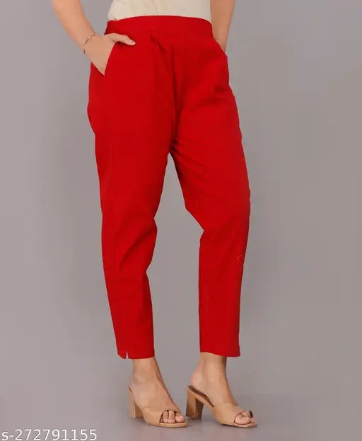 Red cotton elastic waist high-waisted trousers