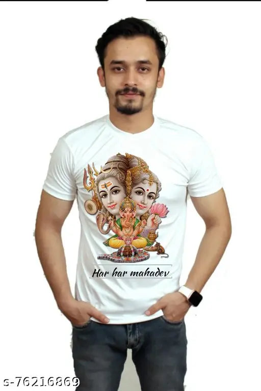 Lord Bholenath polyester t-shirt, printed design on short sleeves, premium quality for men, made in India (170 gsm)