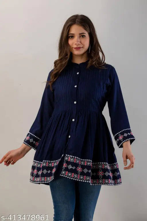 Embroidered rayon festival top for women with three-quarter sleeves, India origin