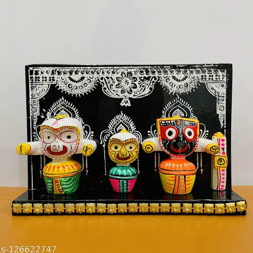 Marble handicraft figurines: Lord Jagannath, Balabhadra, and Devi Shubhadra from India, size 13cm(L) x 10cm(H) x 1cm(B)