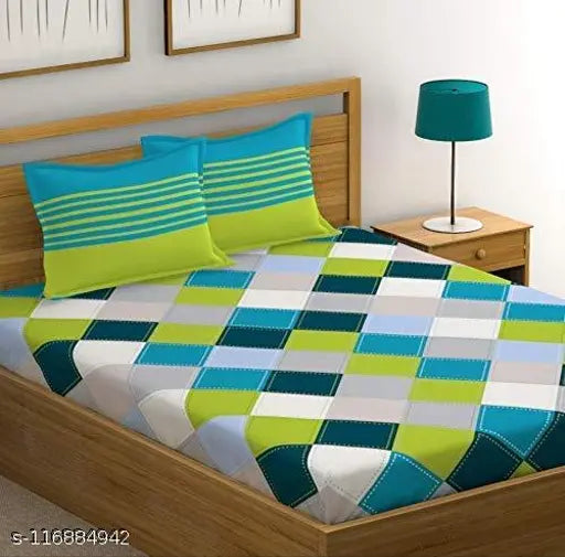 A blue and white checkered bedding set, including two bedsheets and four matching pillow covers, displayed on a wooden bed frame