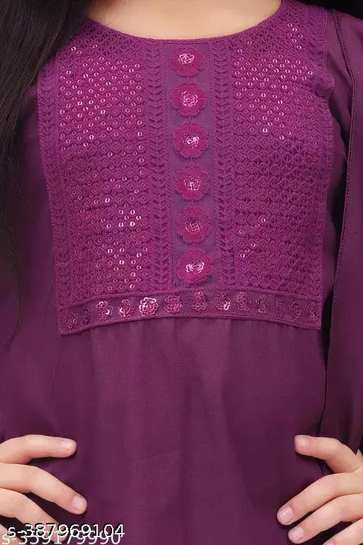 New stylish cotton blend kurti-pajama set for girls, embroidered top with lace net bottom, pack of 3, India
