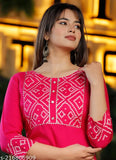 Pink Solid Rayon Anarkali Kurta - Indian ethnic wear with flared silhouette, three-quarter sleeves